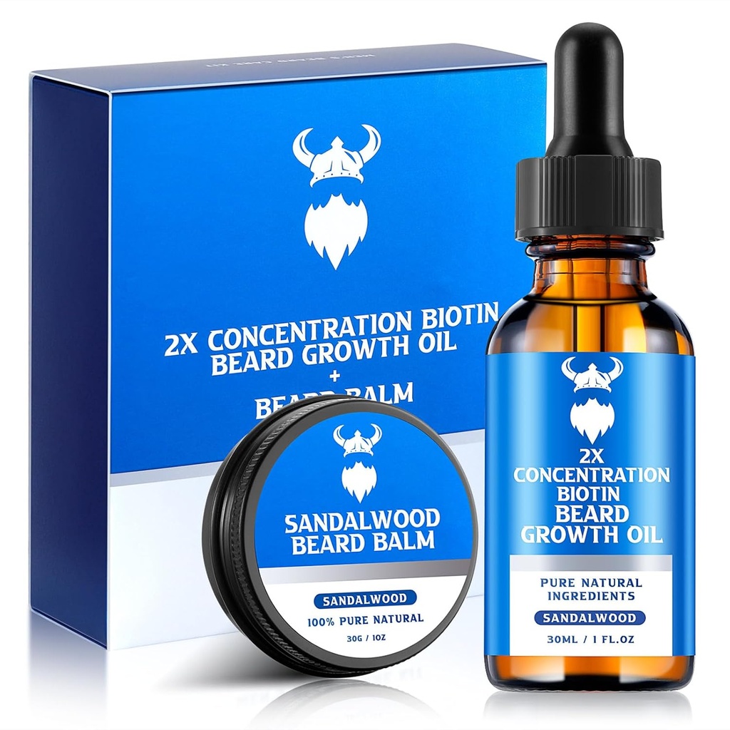 Beard Growth Oil & Beard Balm - Beard Growth Kit z 2X Koncentracja Biotin dla mężczyzn, Naturalne składniki z oleju arganowego, Jojoba Oil i witaminy (Sandalwood)
