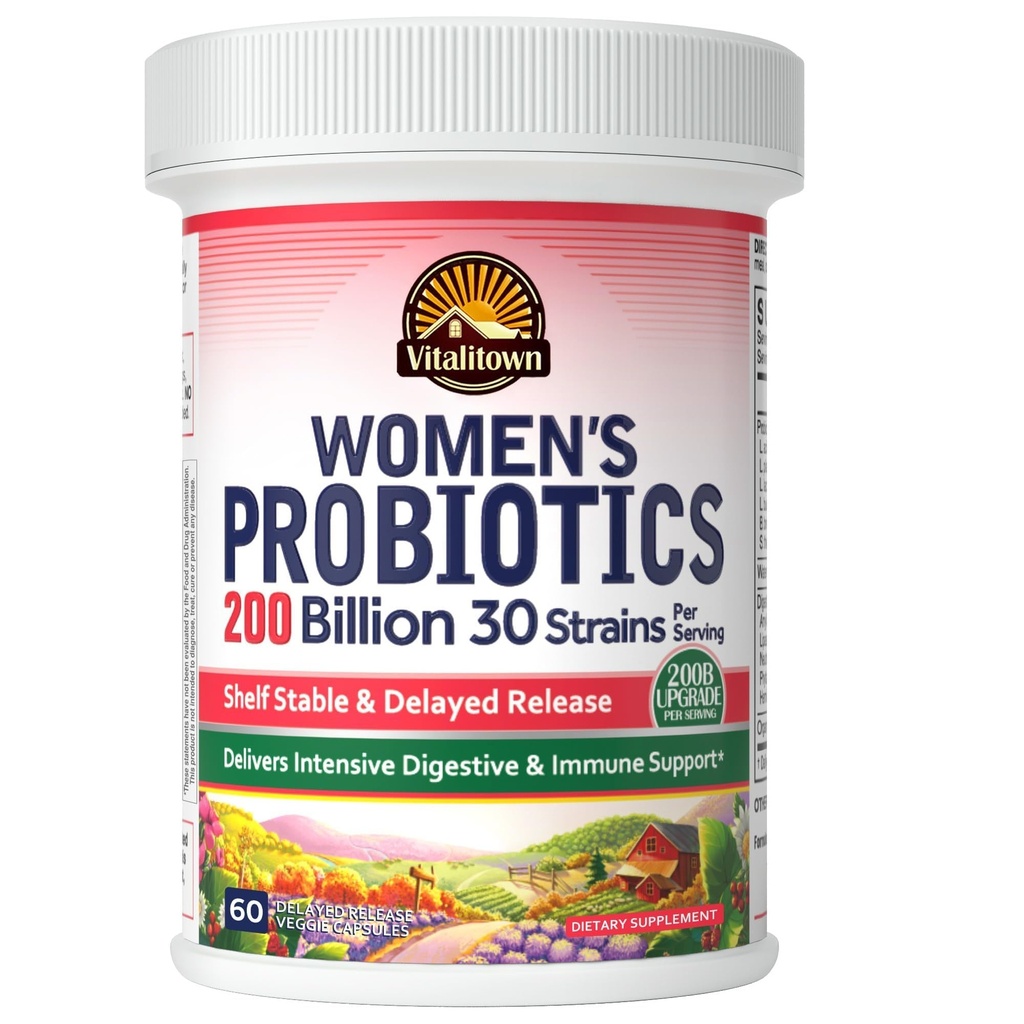 Vitalitown Kobiece Probiotyki 124; 200 Miliard CFU 30 Szczepy 124; 60 ct Bilans 124; Półka Stabilna, Kwasoodporna 124; Uzupełniająca Dobra Bakteria, Intensywne Digestive & Vaginal Support 124; Wegan, Non-GMO