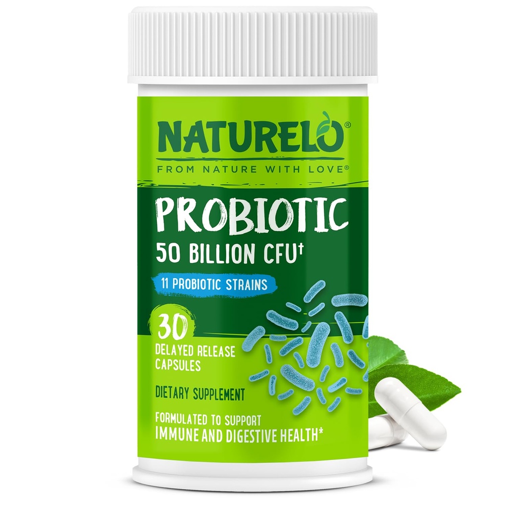 NATURELO Probiotyki dla zdrowia trawiennego - 50 Miliard CFU, 11 Szczepów Codzienne Suplement - Wzmacnia system immunologiczny, Opóźnione uwolnienie, 30 Kapsułki wegetariańskie