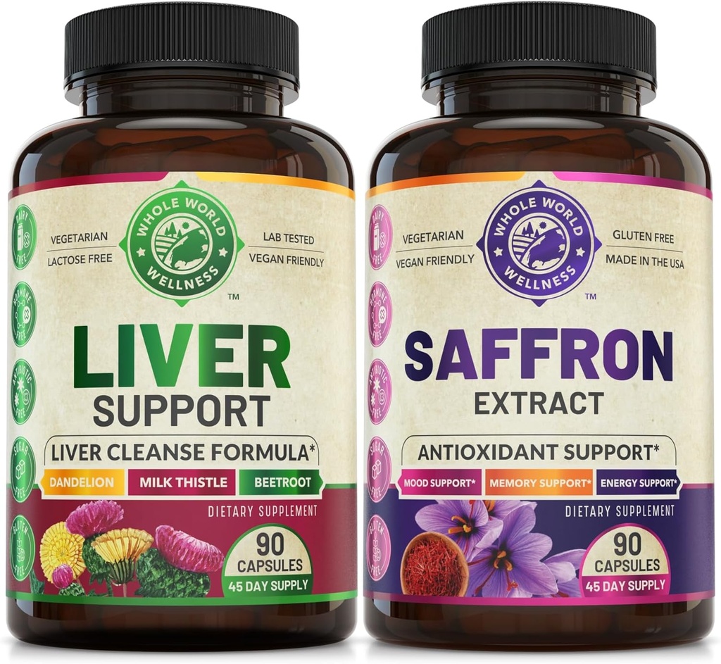 Liver Cleanse Detox Repair Formula and Pure Saffron Extract Bundle (One Bottle Each). Supports Liver Health, Energy Boost, Mood, Metabolic Function. USA Made.