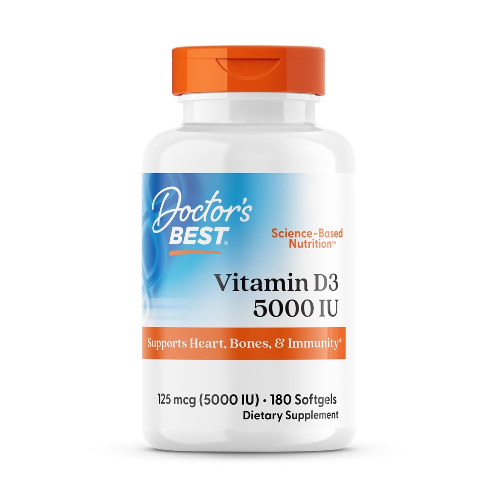 Najlepsza witamina D3 5000IU, Non-GMO, Gluten i Soy Free, Reguluje funkcje immunologiczne, Wspiera zdrowe kości, Biały, Brak aromatu, 180 Count