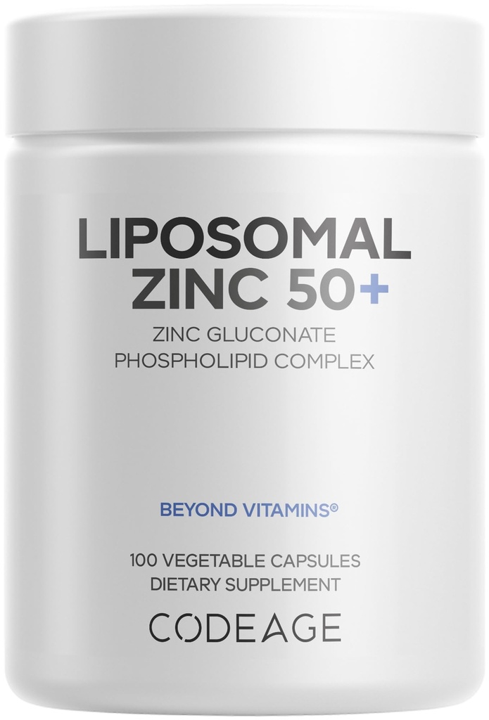 Codeage Liposomal Cynk Suplement - 3 Dostawa Miesiąc - Jeden dzień - 50 mg Glukonian cynku Witaminy - Podstawowe suplementy mineralne Cynk Plus Liposomal Matrix Dostawa - Vegan Non-GMO - 100 Kapsułki