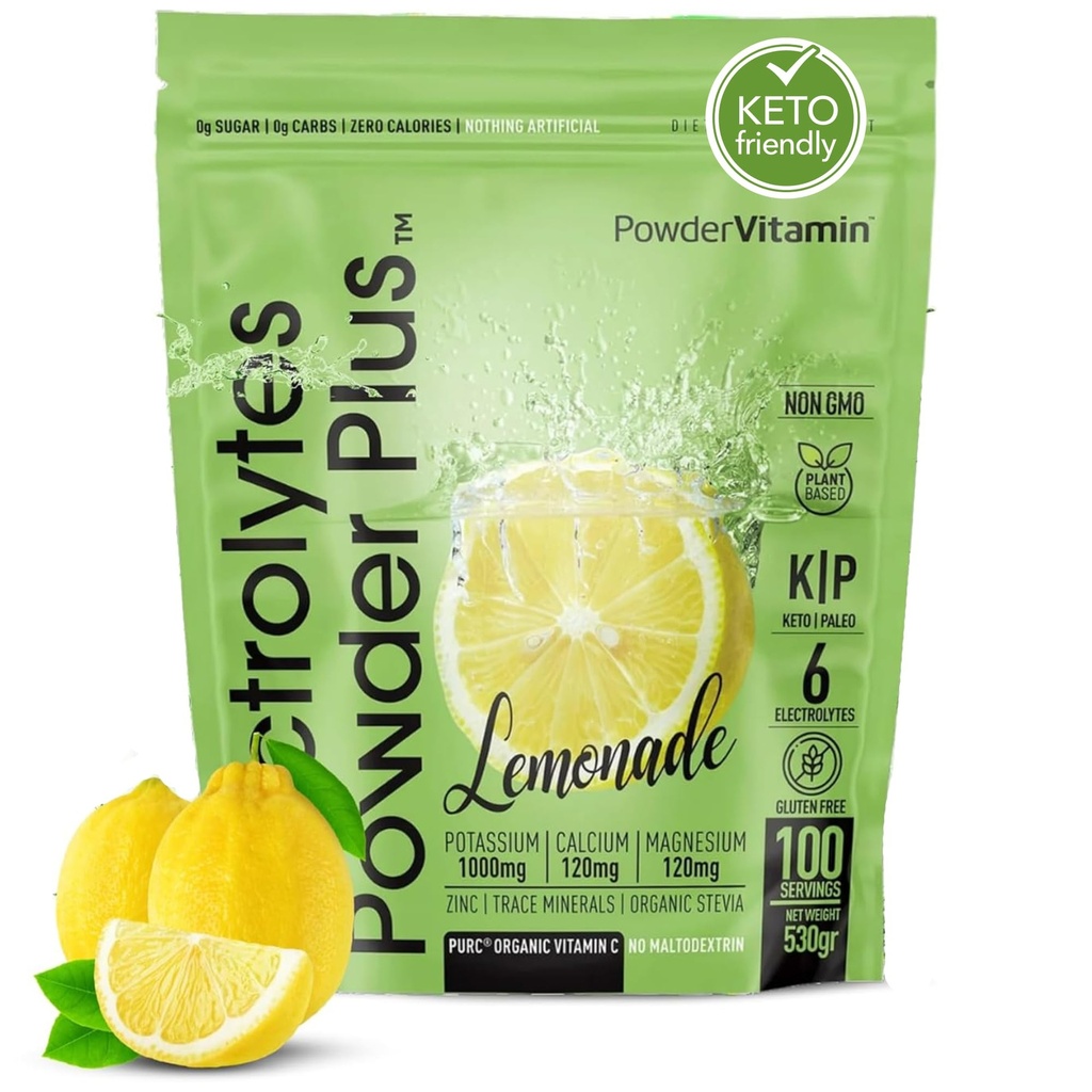 PowderWitamina Electrolytes Proszek Plus Keto, Lemoniada (100 Servings) 0 Cukier, Nie Maltodekstryna, 1000mg potasu, 120mg wapnia, 120mg magnezu, Witamina organiczna C, Zero Kalorii, Energia Hydration Proszek