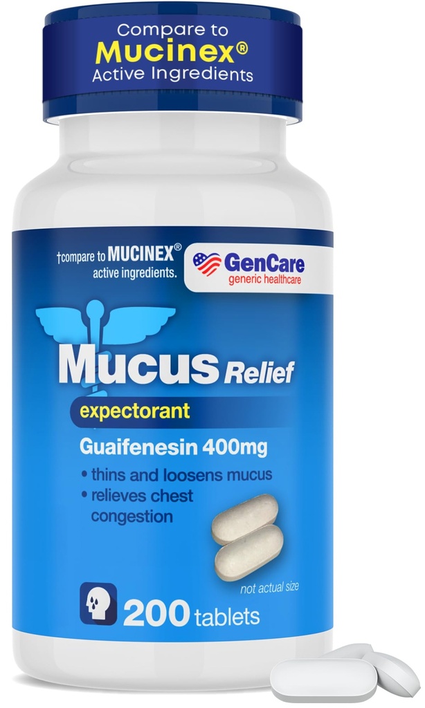 GenCare Mucus Relief Expectorant Guaifenesin 400 mg 200 Tablets Value Pack - Szybkie działanie Thinning of Mucus for Colds, Przekrwienie klatki piersiowej, grypa, kaszel i alergie