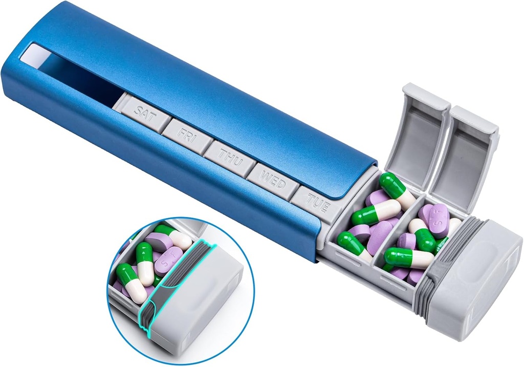 Daviky Metal Travel Pill Organizator, Premium Aluminium Pill Box 7 Dzień, Cotygodniowy Codzienne Pill Case, Stylowy i Cute Pill Holder dla leków, Suplementy i Witaminy (Blue + Gray)