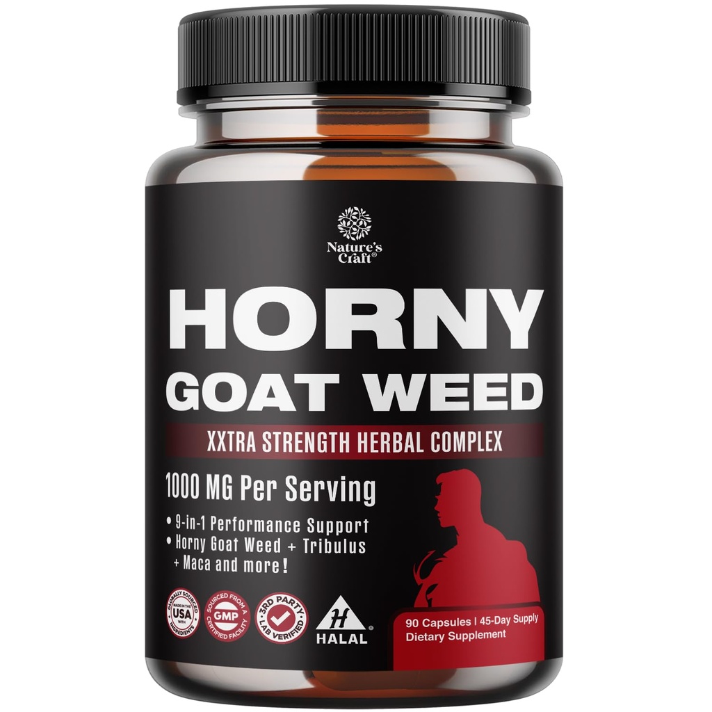 Nature Craft Horny Goat Weed for Men - Dodatkowa siła męski suplement z Black Maca Root, Tongkat Ali, Saw Palmetto & Panax Ginseng Extract for Stamina & Energy - 90 Kapsułki