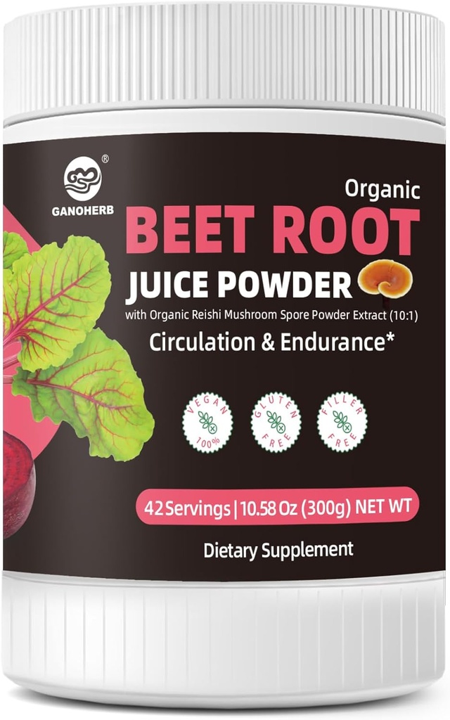 Buraki w proszku 7000mg, wysokoskoncentrowany organiczny sok z buraków w proszku Reishi Mushroom, Superfood Supplement Beetbuot Drink for Circulation and Endurance, Vegan, Sugar- Free