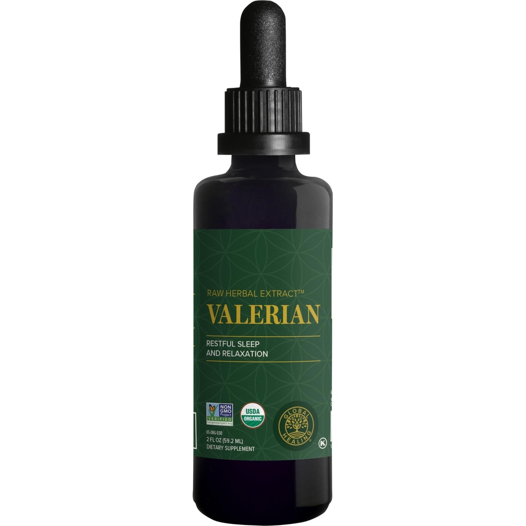Global Healing Organic Valerian Root Extract Liquid Supplement - Surowy wyciąg ziołowy do zdrowej relaksacji, snu i spokoju - Alternatywa dla Valerian Root Capsules dla dostępności biologicznej - 2 Fl Oz
