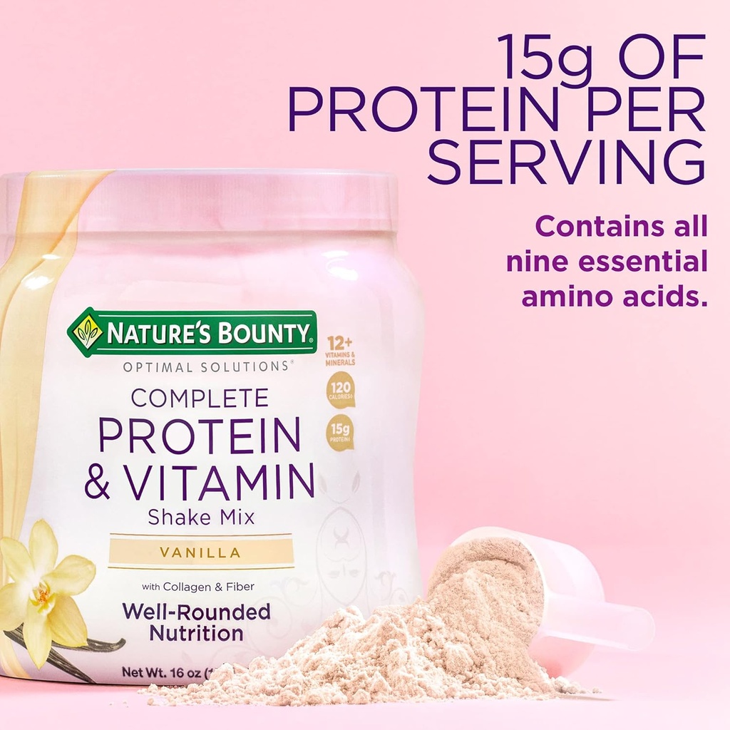 Naturalne Bounty Kompletne białka i witaminy Shake Mix z Collagen & Fiber, Zawiera witaminy C dla zdrowia immunologicznego, Vanilla Flavored, 1 funt (Opakowanie po 2)