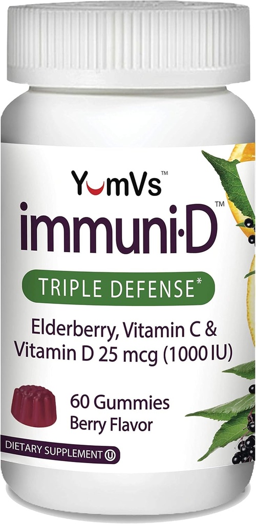 ImmuniD Elderberry Gummies by YumV VIS 124; Triple Defense Vitamin with Sambucus Elderberry, Witamina C & Witamina D Agregat 124; Kompletne wsparcie systemu immunologicznego dla kobiet i mężczyzn 124; Natural Berry Flavor- 60 Count
