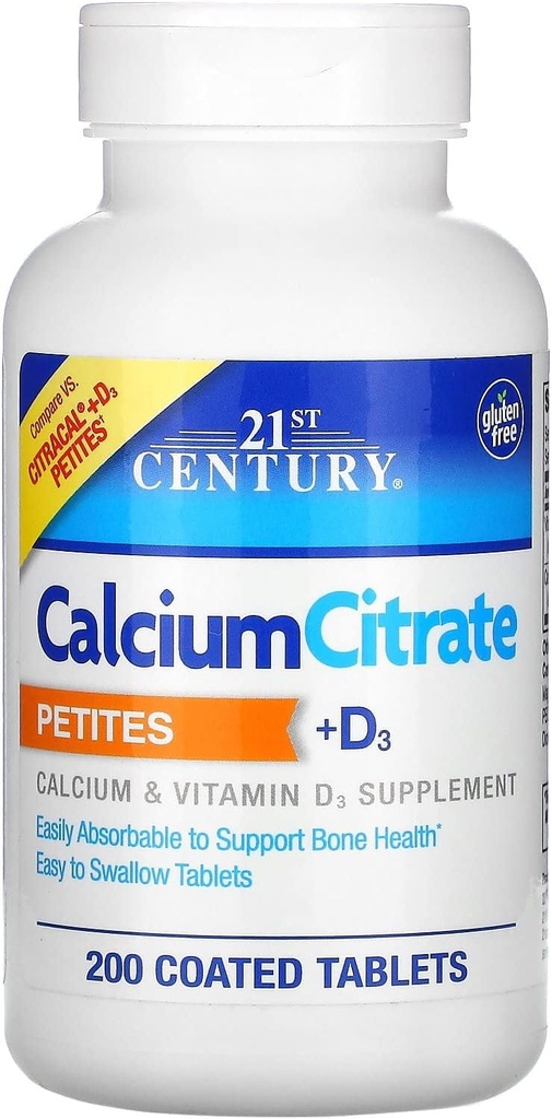 21. Century Petyty Wapnia Citrate + D3 Tabletki powlekane - 200 Tabletki, Opakowanie po 4