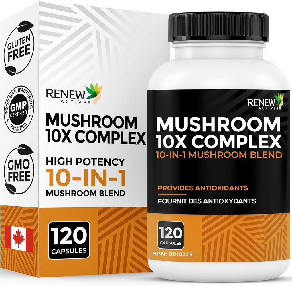 RENEW AKTIVES Mushroom Complex 2 Kapsułki na serwowanie - 10 Mieszanka Mushroom z przeciwutleniaczami do immunologicznego zdrowia i zdrowia - Wspiera ogólną witalność i długoterminowe Wellness -Made in Canada - 120 Kapsułki