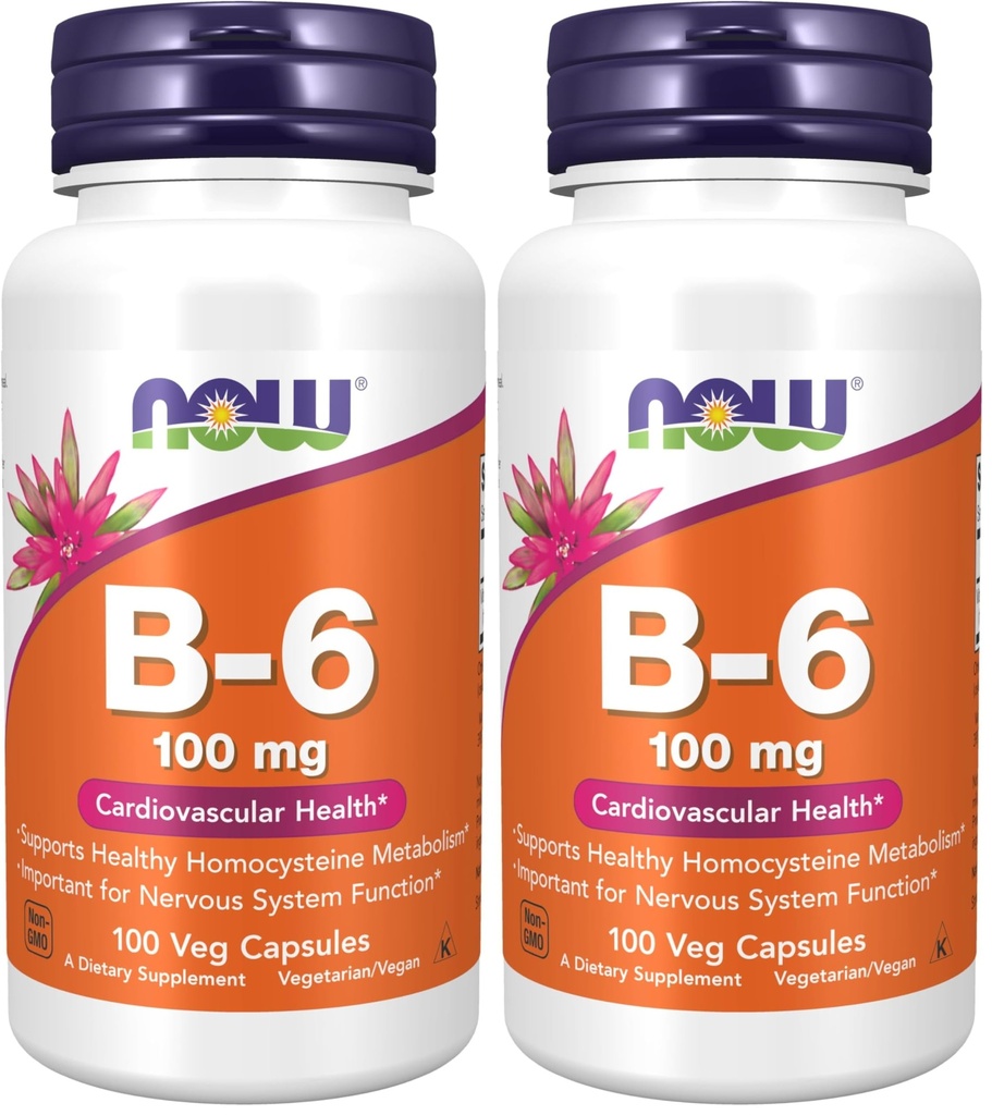 Teraz suplementy, Witamina B- 6 (HCl pirydoksyny) 100 mg, Zdrowie układu sercowo- naczyniowego *, 100 Kapsułek Veg (opakowanie po 2)