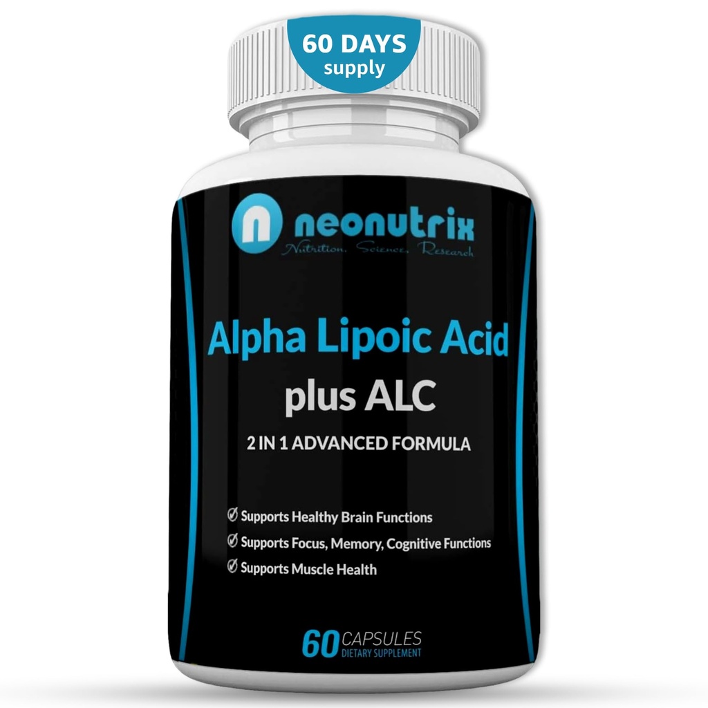 Alpha Lipoic Acid Plus Acetyl L- Carnitine Antioksydant Supplement ALA ALC for Healthy Brain Function & Muscle Strength, Focus, Memory & Cognitive Function for Women & Men - 60 kapsułki Neonutrix