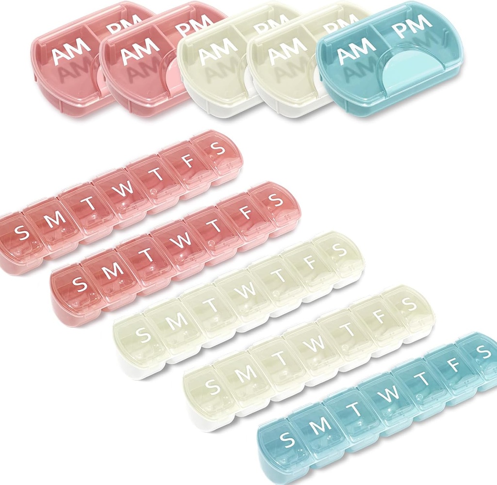 10 Pack (Weekly & Daily), 2 razy dziennie (AM / PM) + 7- Day Pill Organizator, Planer witaminy, Duża pojemność, Podróże Pill Case for Medication / Witaminy / Oleje rybne / Suplementy, Różowy / Biały / Niebieski