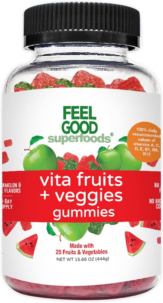 FeelGood Superfoods Vita Owoce i warzywa Suplementy, Owoce wielowymiarowe i żelki roślinne, 25 Owoce i warzywa, Arbuz i aromaty jabłkowe, Wegan, Non-GMO, 60 Hr