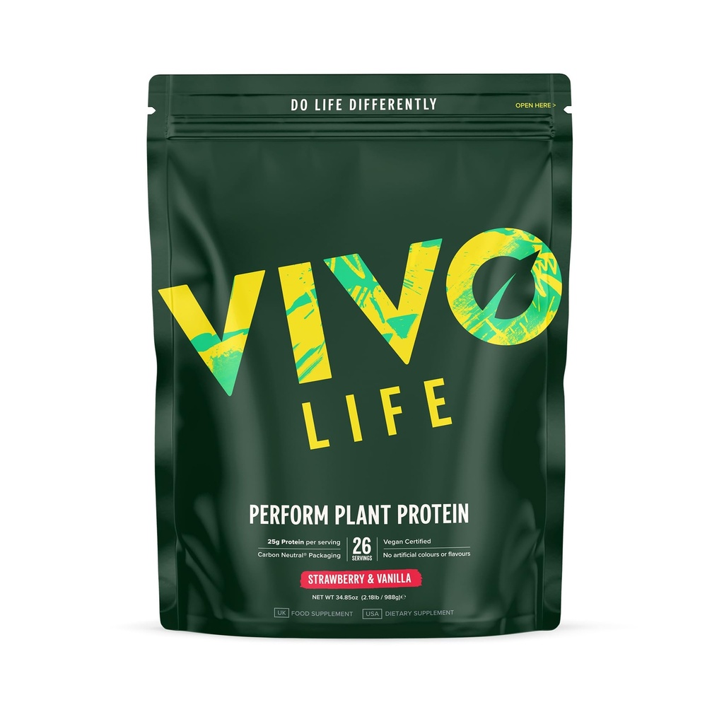 Vivo life Perform Plant Protein Powder - Pea & Hemp Protein BCAA (34,85 oz, Truskawka i Vanilla)