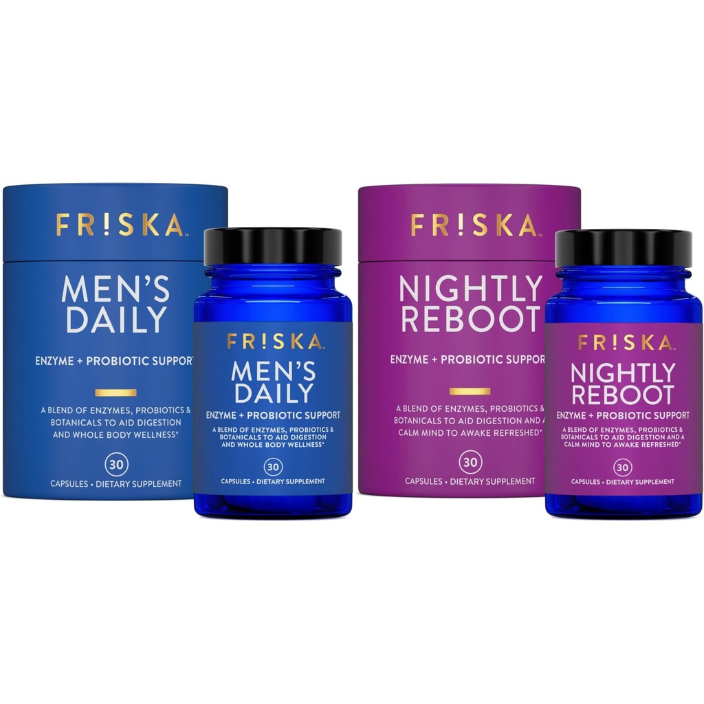 FRISKA Mens & Nightly Probiotic Bundle Between 124; Digestive Enzymes & Probiotics Supplement Between 124; Mężczyzna & Nocna trawa & Bloating Support Between 124; 30 Kapsułki na butelkę