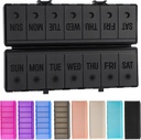 Składany Pill Organizator 2 razy dziennie w / Wydrukowane etykiety -Dual Protection & Portable Tygodniowy PM Pill Box, 7 Day Medicine Container, Duży Travel Pill Case dla tygodnia Codzienne uzupełnienie witaminy - Wszystkie czarne