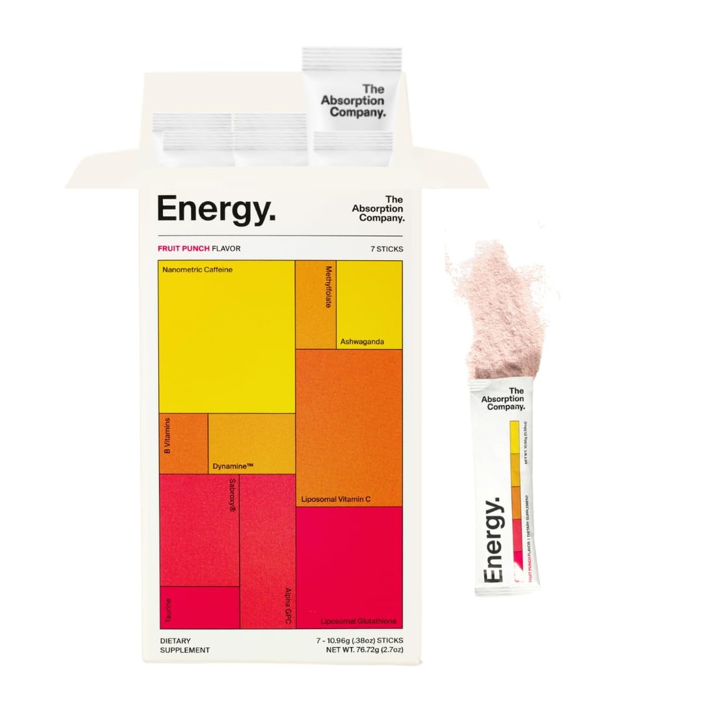Wchłanianie firmy Energy Drink w proszku Pakiety - Czysta energia Booster do wspierania alertywności z 150mg naturalnej kofeiny i witaminy C - Flavor owoców Punch, 7 Sticks