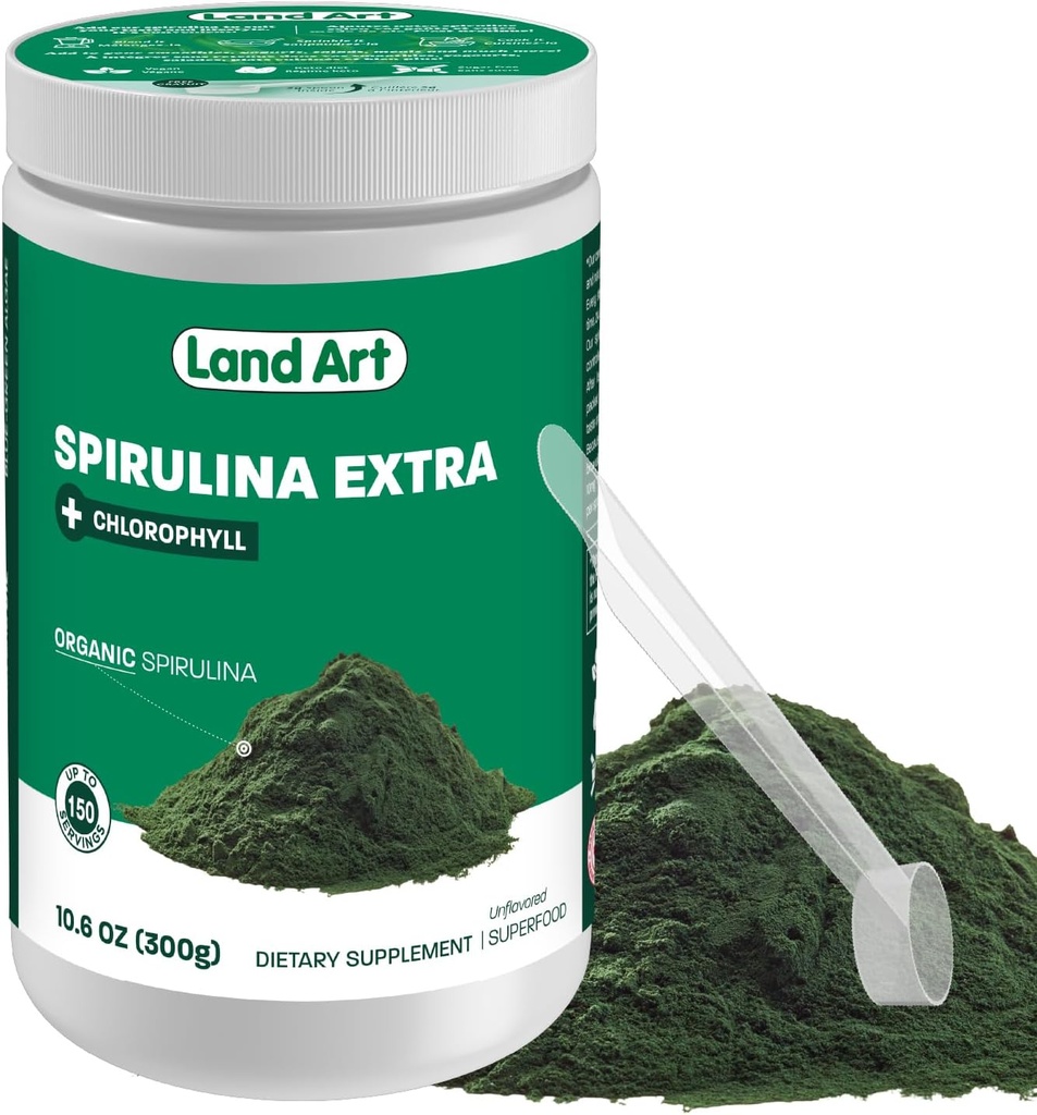 Land Art Certified Organic Fresh Spirulina Extra Proszek 300g - Ulepszony z Bioavailable Chlorophyll Added - Niearomatyzowane - Czyste Źródło - Trzecia strona Tested - Pomiar Spoon Wewnątrz