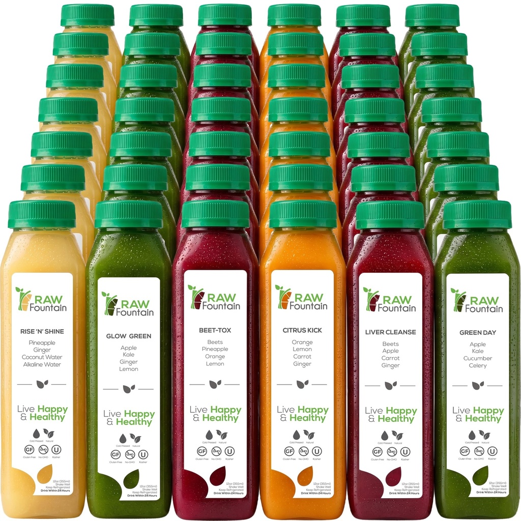 7 dzień sok oczyszczony przez surowej fontanny, wszystkie naturalne surowe detox czyszczenie, soki na odpoczynek ciała, zimne tłumiony sok szybko, świetny sposób na Jumpstart zdrowej diety, 42 butelek 12oz, 7 Ginger Shots