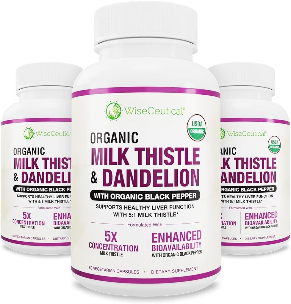 Max Absorpcja USDA Organic Milk Thistle Potent 5: 1 Concentrated Extract (2000mg Strength) & Organic Dandelion Root Aboot 124; Silimarin Antioksydant Flavonoid 124; Licznik (Pack of 3)