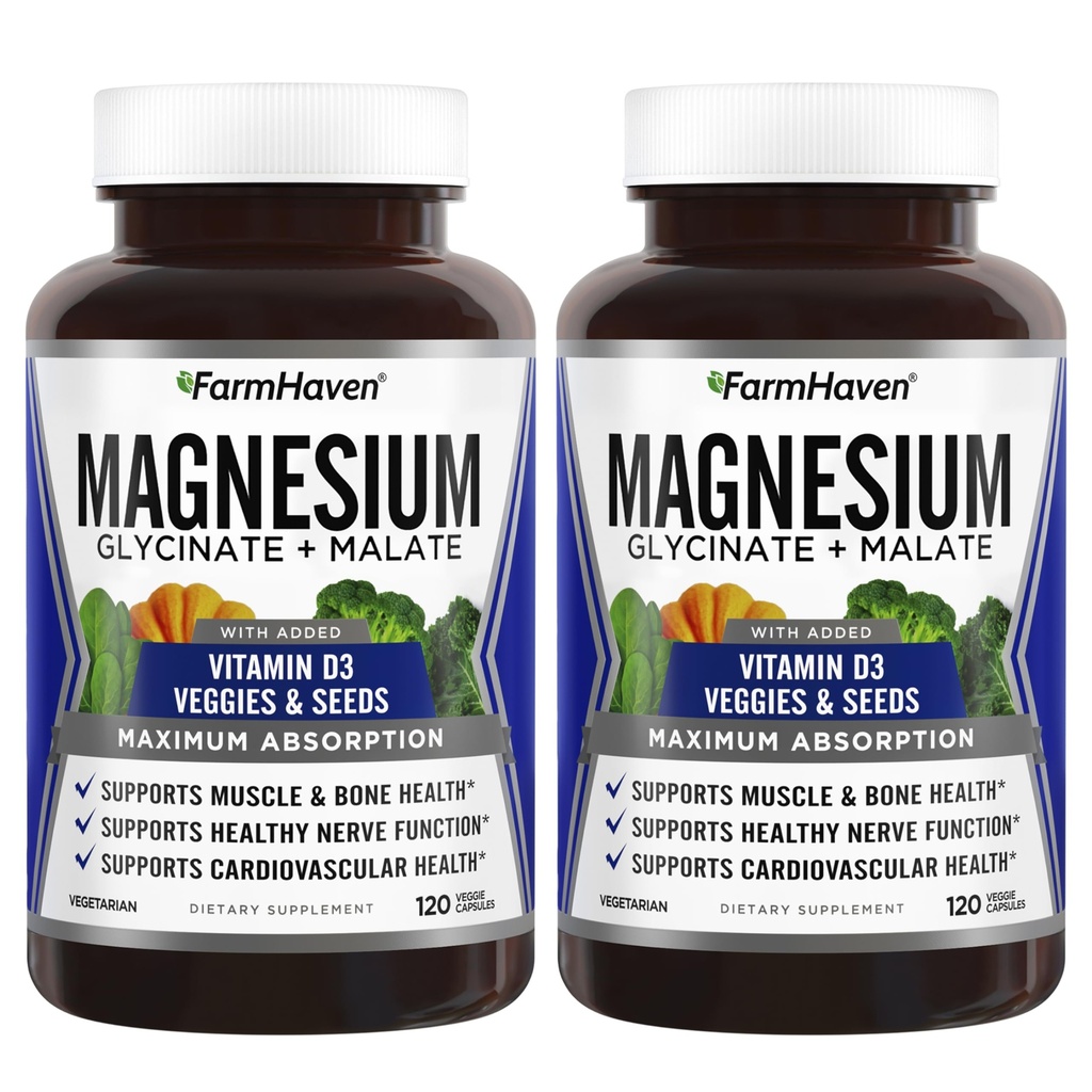FarmHaven Magnezu Glycinate & Malate Complex w / Witamina D3, 100% Chelated for Max Absorption- Bone Health, Nerves, Mięśnie, 240 Kapsułki, 120 Dni