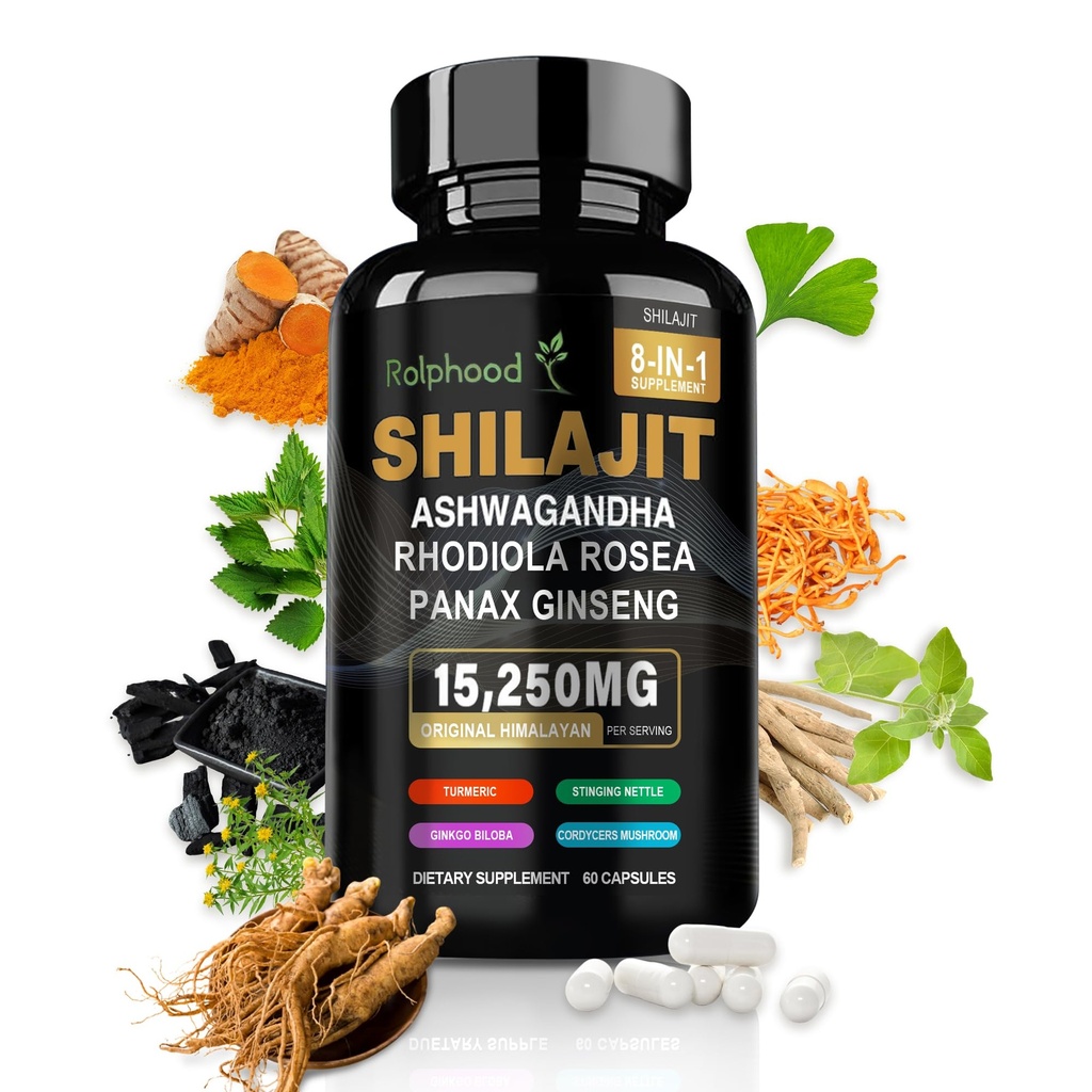 Shilajit dla mężczyzn / kobiet - Pure Himalayan Organic, Shilajit Kapsułki z Ashwagandha, Suplementy 60 Kapsułki Alternatywne do Resin, Drops & Gummies