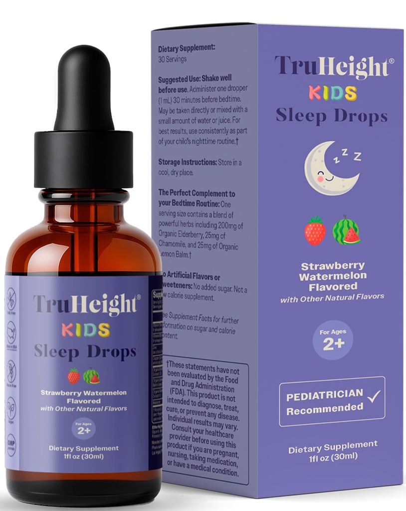 TruHeight Kids Sleep Tincture Ages 2 + (Awatermelon Flavor) - Dzieci, Toddlers & Kids Natural Sleep Aid - Baby, Toddler, Child Melatonin 2 Lat + - Witamina B6, Riboflavin, Cynk, Miedź, Basen cytrynowy