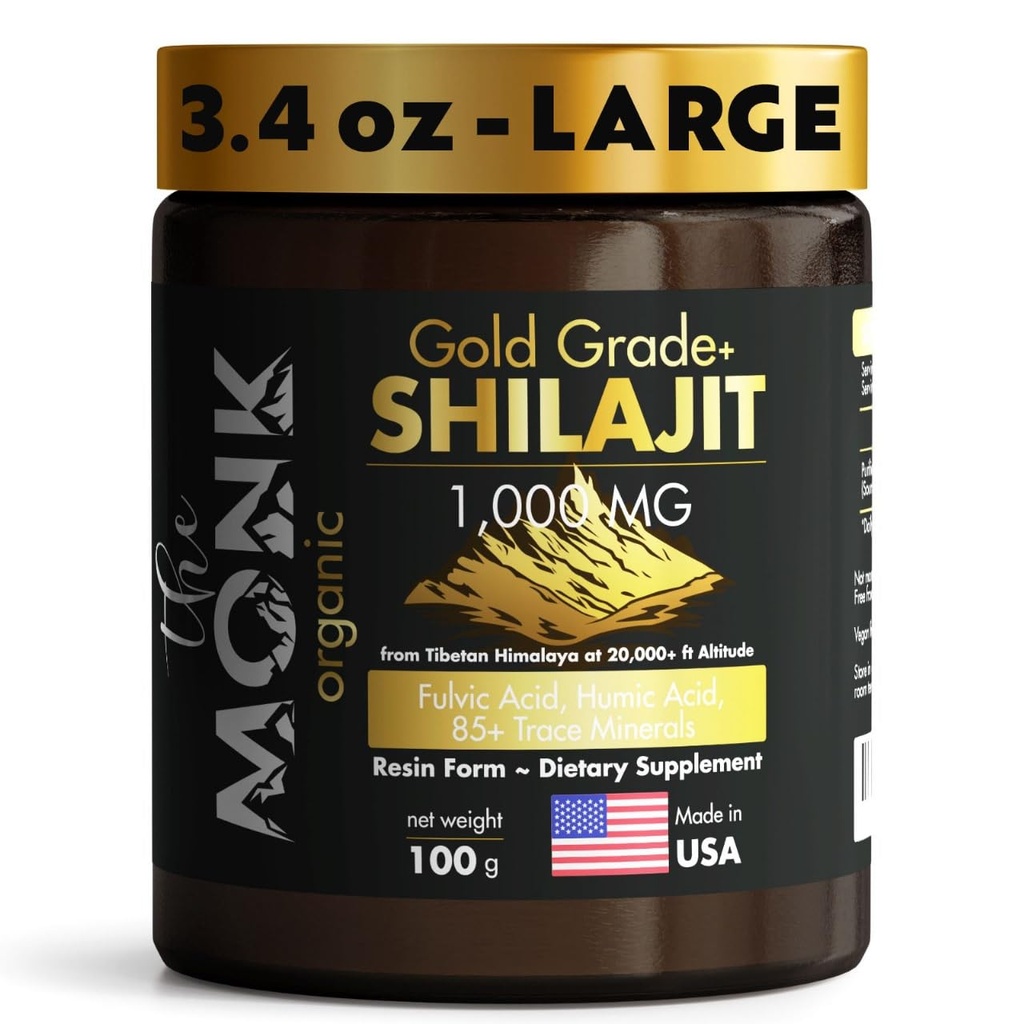 Organic Himalayan Shilajit Resin z kwasem Fulvic, Humic Acid, 85 + Minerals - Gold Grade Plus - 100g, 1000 mg per serving - Energia, Stamina, Wsparcie dla mózgu - Made in The USA