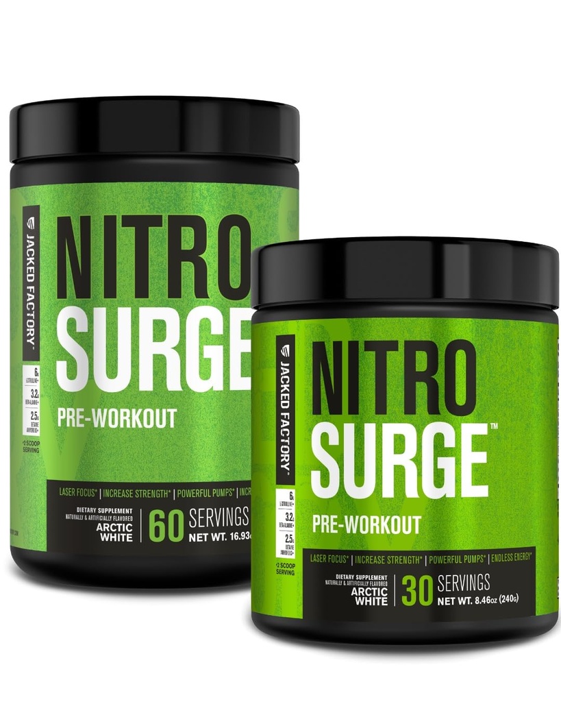 Jacked Factory NITROSURGE PreWorkout Supplement - Endless Energy, Instant Strength Gains, Clear Focus, Intensywne pompy - NO Booster & Potężny Prettenment Energy Powder - 90 Służenia, Arctic White