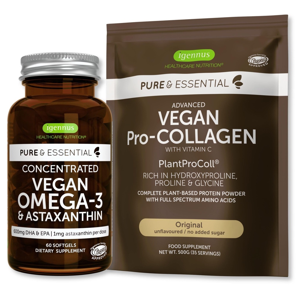 Pure & Essential Vegan Collagen Peptyde Protein Powder & Vegan Omega 3 Bundle, Kompletny Kolagen Wzmacnianie Formuły & Zrównoważony olej Algae 1340mg, przez Igennus