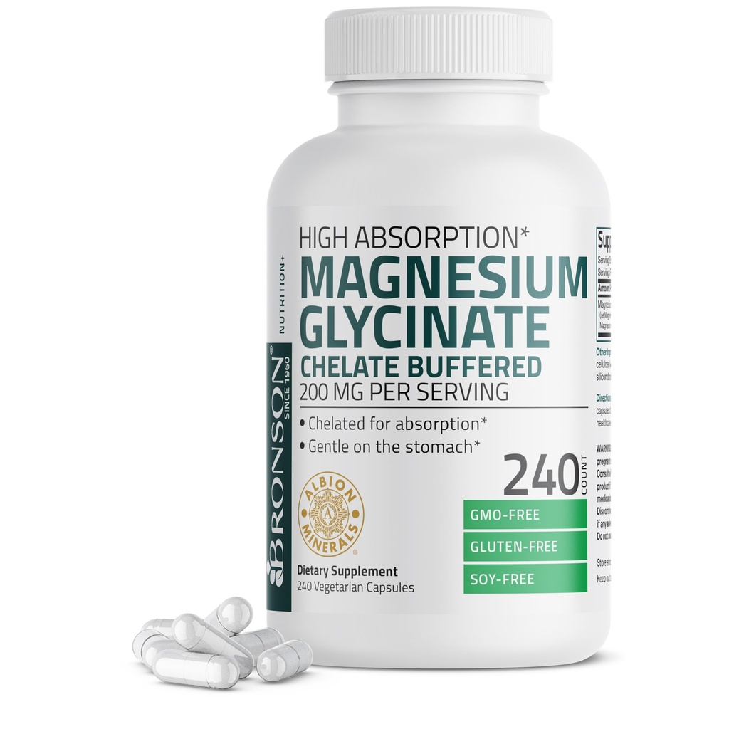 Bronson Magnezu Glicynian 200 MG na Podawanie Chelated do Wysokiej Absorpcji, Delikatny na żołądku, Non-GMO, 240 Kapsułki wegetariańskie