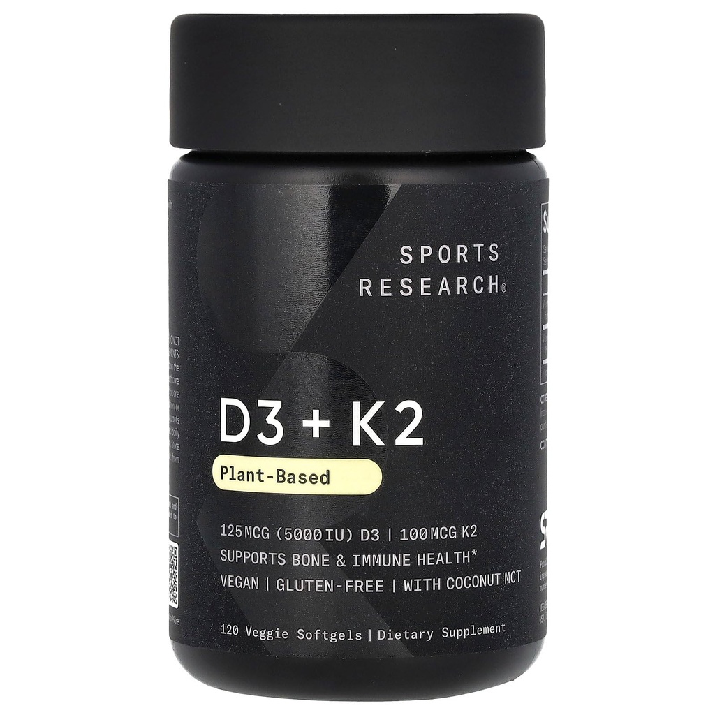 Badania sportowe Witamina D3 z K2 Softgels - Roślina na bazie K2 & Wegan D3 5000iu z oleju kokosowego MCT - Wegan Certified, Soy & Gluten Free - 120 Count