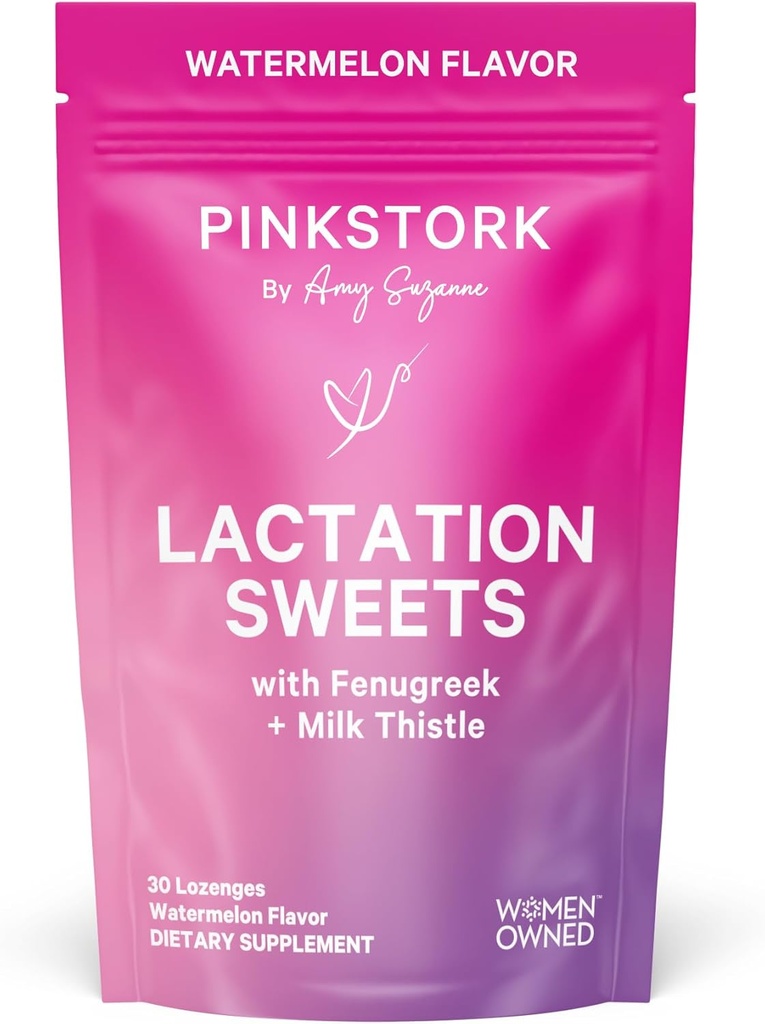 Pink Stork Lactation Supplement Sweets, Karmienie piersią Przekąski z kozieradką i cieście mleka do wsparcia dostaw mleka - 30 Krople Candy arbuz (Packaging May Vary)