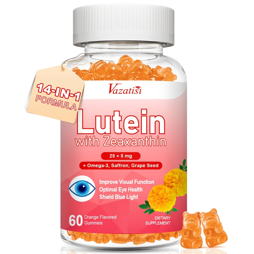 Luteina i Zeaksantyna Suplementy Gumumie, Advanced Eye witaminy suplement z borówki, Szafran, Nasiona winorośli, Omega 3 dla zdrowia plamki żółtej, Suche oko, Funkcja wizualna - Pomarańczowy Flavor, 60 Count