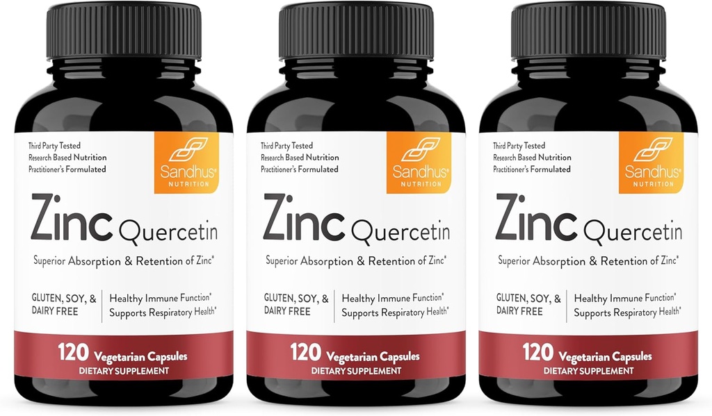Sandhu 's Cynk Quercetin 120 Kapsułki wegetariańskie (Pack of 3) 124; Zupy cynku dla przeciwutleniacza immunologicznego dla mężczyzn i kobiet 124; Gluten, Soy, Dairy Free