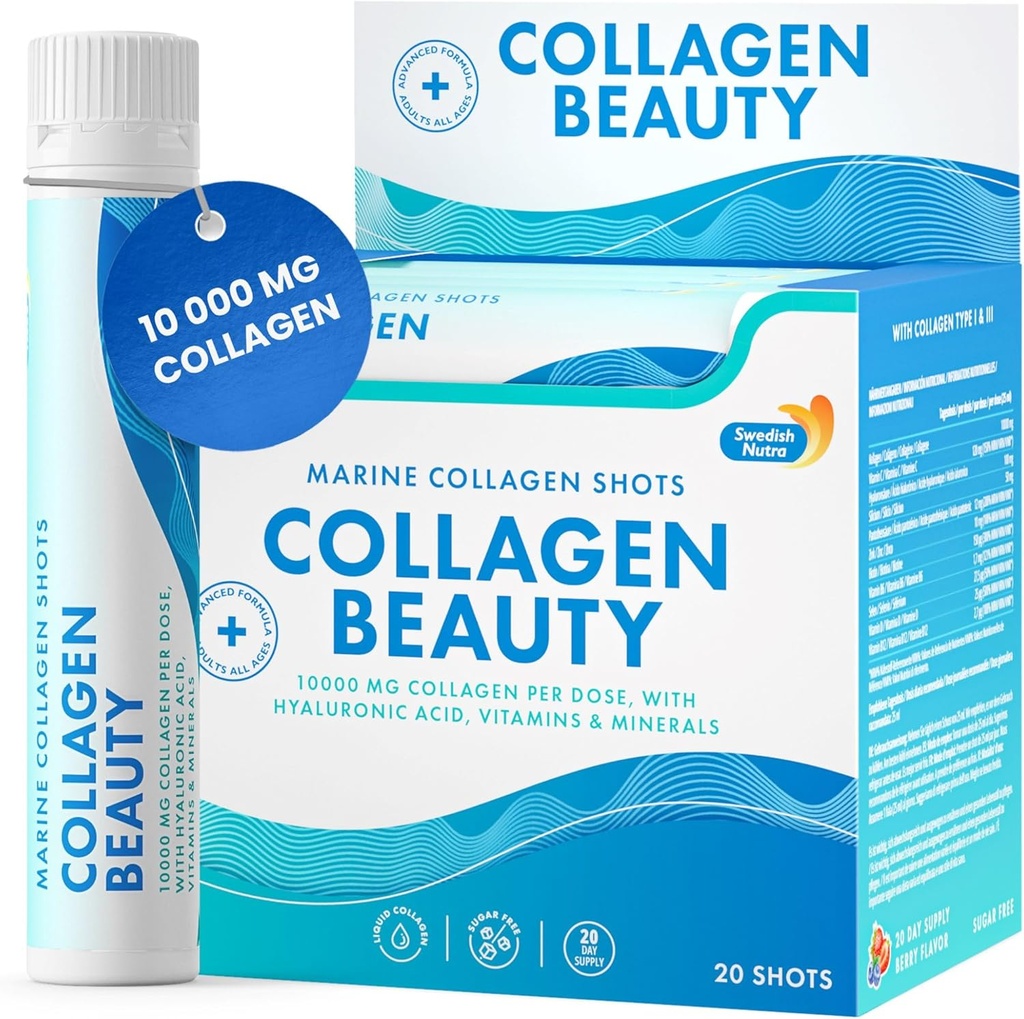 Swedish Nutra - Collagen Beauty Agregat 124; 10 000 mg Zhydrolizowany Kolagen Marine Liquid Supplement - 20 x 25 ml Daily Shots Agregat 124; Kwas hialuronowy i Witamina C do wspomagania zdrowych włosów, Skóra, Nails Agregat 124; Sugar- Free