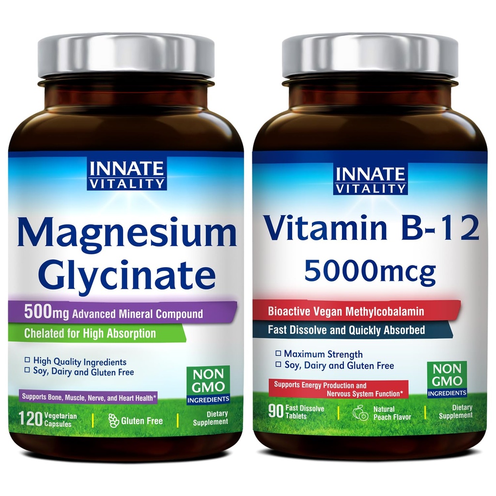 Wewnętrzna witalność Glicynian magnezu i Witamina B12 Bundle, No gluten & Vegan, Magnez (120 Czapki) i Witamina B12 (90 Szybkich Rozpuszczalnych Tab), Value Pack, Bundle & Zapisz