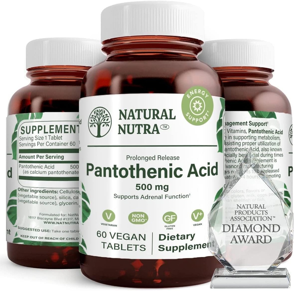 Naturalne Nutra uwalnianie czasu Kwas pantotenowy 500 mg, Suplement witaminy B5 pomaga złamać tłuszcz i węglowodany, Metabolizm i energia, Poprawa zdrowia mięśni, 60 Tabletki wegetariańskie (3 opakowania)