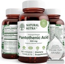 Naturalne Nutra uwalnianie czasu Kwas pantotenowy 500 mg, Suplement witaminy B5 pomaga złamać tłuszcz i węglowodany, Metabolizm i energia, Poprawa zdrowia mięśni, 60 Tabletki wegetariańskie (3 opakowania)