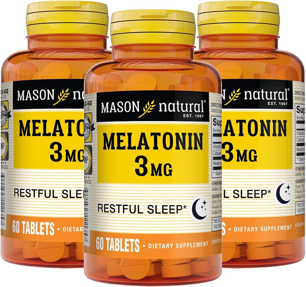 MASON NATURAL Melatonina 3 mg z B6 & Wapń, Naturalna pomoc na sen, Wspomaga Restful Sleep, 60 tabletek (Opakowanie po 3)