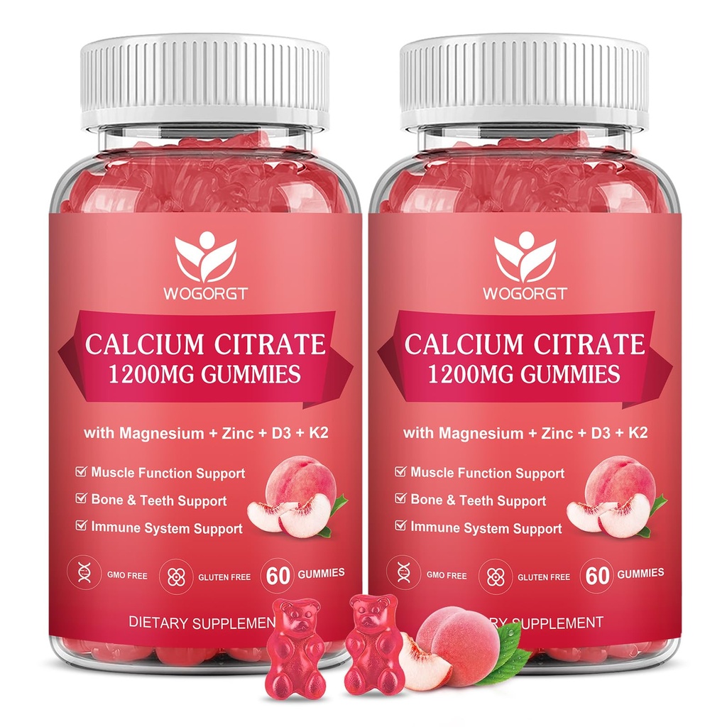 Cytrynian wapnia 1200mg Gummie z witaminą D3, K2 - Przeżuwalne Wapnia Magnezu Cynk d3 Suplement z Sea Moss Extract for Bone, Zęby, Wsparcie immunologiczne dla kobiet i mężczyzn, Peach Flavor- 60 Gummies (2Pack)