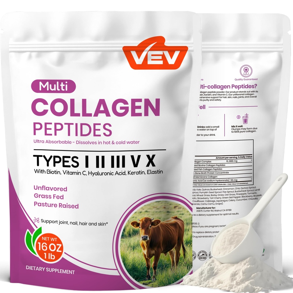 VEV Multi Collagen Peptides Powder, 16 oz (41 Servings) – Type I, II, III, V, X, Hydrolyzed Collagen, Hyaluronic Acid, Biotin, Vitamin C, Supports Skin, Unflavored, Dissolves Easily