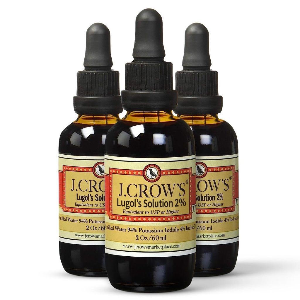 J.CROW 'S ® Lugol' s Rozwiązanie jodu 2% 2 oz (3 butelki) - Premium jod i jodek potasu ciecz, gluten &, ekstrakt z naturalnej sosny bez alkoholu, bez wytchnienia