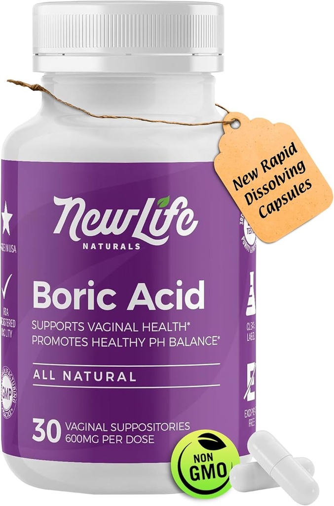 NewLife Naturals - Poduszki kwasu borowego dla kobiet pH Balance Pills - 600mg - Opieka nad kobietami - Odór pochwy Swędzenie absolutorium BV Y124; Made in USA Yellow 124; 30 Kapsułki