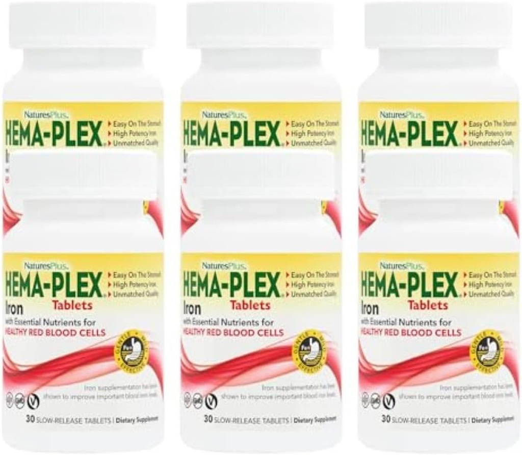 NaturesPlus Hema- Plex Żelazo - 30 Trwałe tabletki uwalniające, Opakowanie 6- 85 mg Żelazo elementarne - Total Blood Health - z witaminą C & Bioflavonoids - Wegan, Gluten Free - 180 Razem Sługi