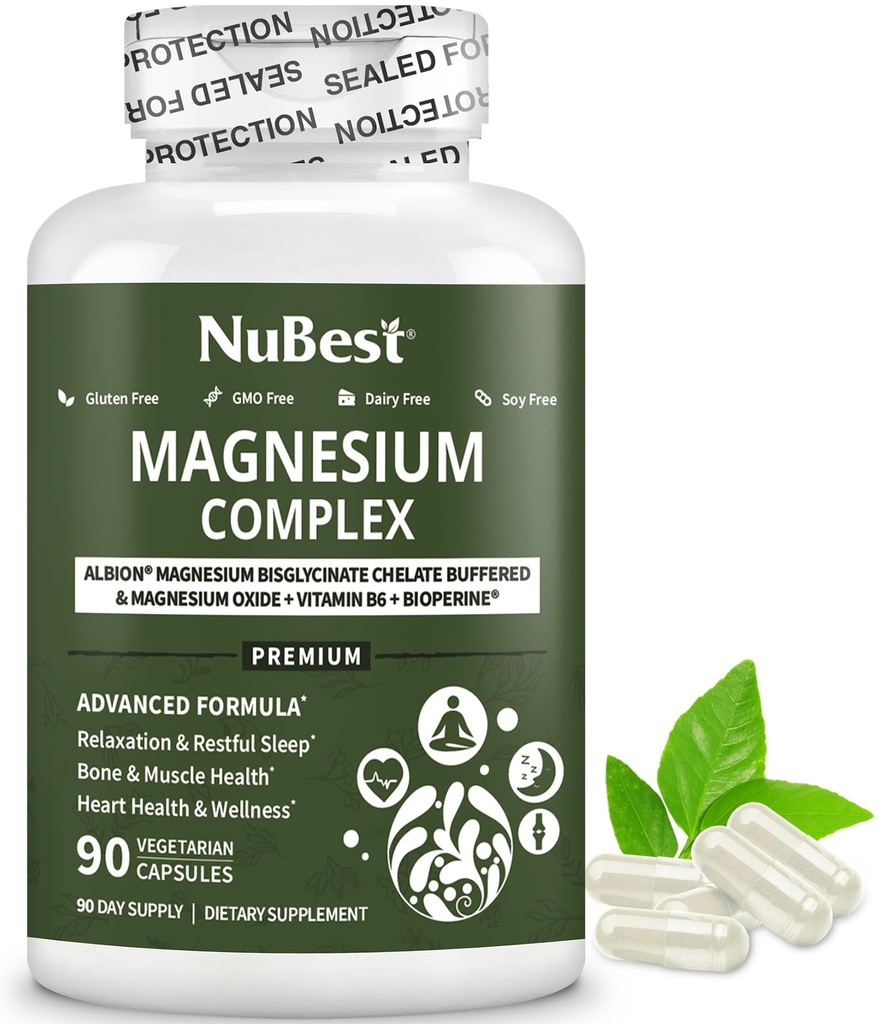 Magnezu Glycinate Chelate Complex z Albion Magnezu Bisglicinate Chelate, Witamina B6 i BioPerine dla kości, Mięśnie, Natural Sleep, Nerve Function, Booster mózgu 124; 1 Dostawa miesiąc