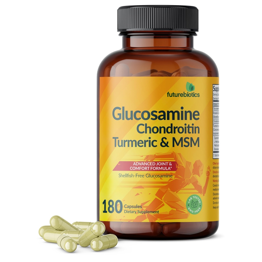 Futurebiotyki Glukozamina Chondroitin Turmeric & MSM Zaawansowana wspólna formuła, Wspiera zdrowe połączenia i mobilność - Non-GMO, 180 Kapsułki